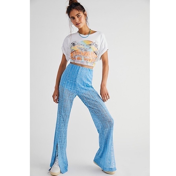 Free People Pants - NWT FREE PEOPLE 70s Sheer Lace High Waist Slit Hem Flare Leg Bell Bottom Pant XS